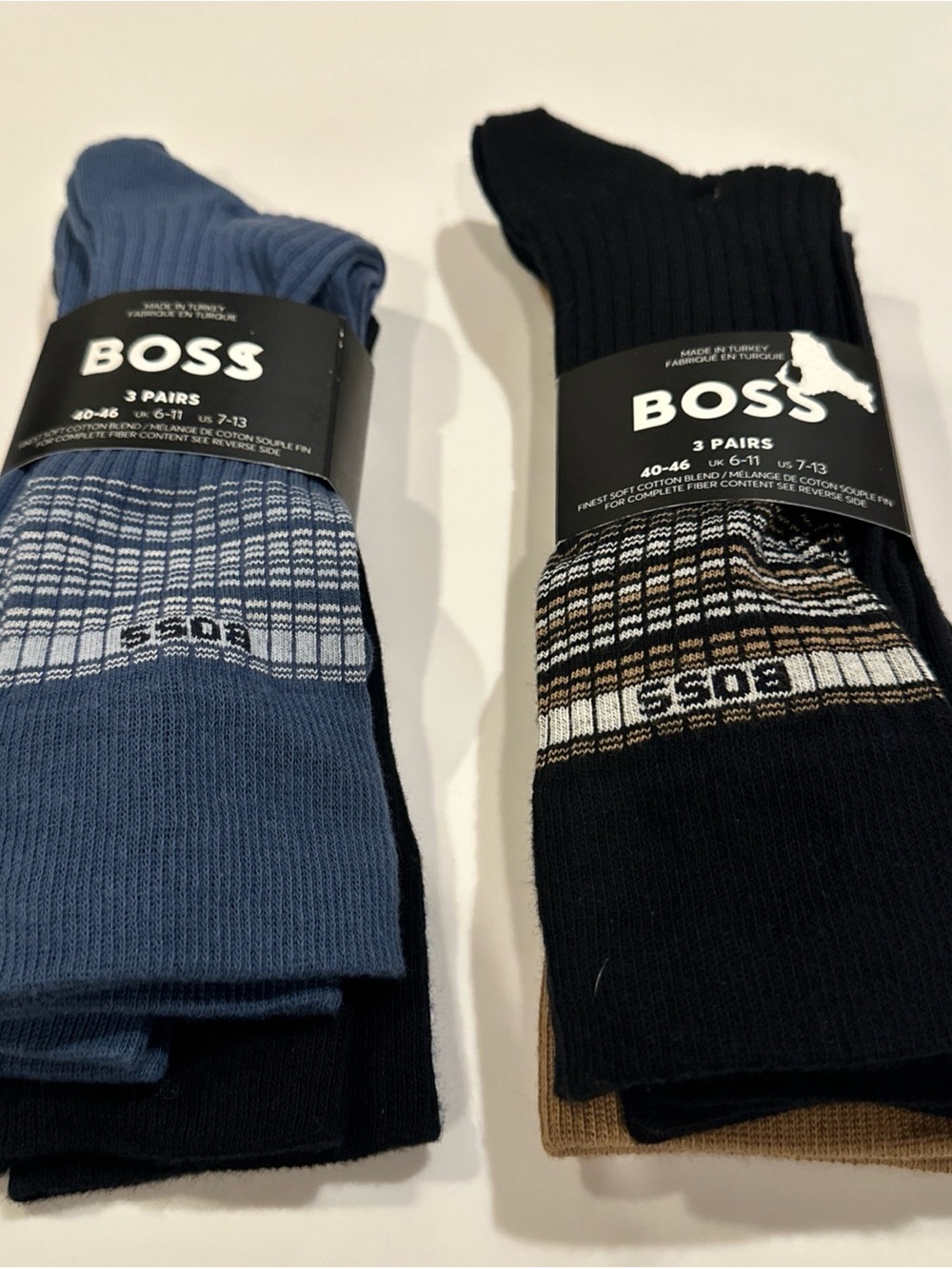 Hugo Boss Two 3-Pack Dress Socks in Blue, Black and Brown